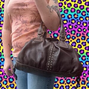 vintage y2k cold haan brown faux leather mini duffel shoulder bag, light flaws